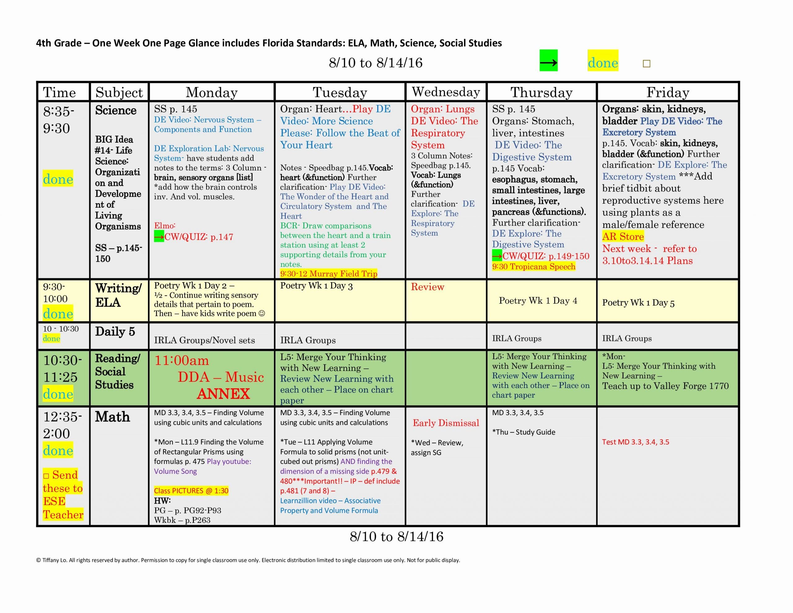 Week Lesson Plan Template Luxury 4th Fourth Grade Florida Standards Weekly Lesson Plan
