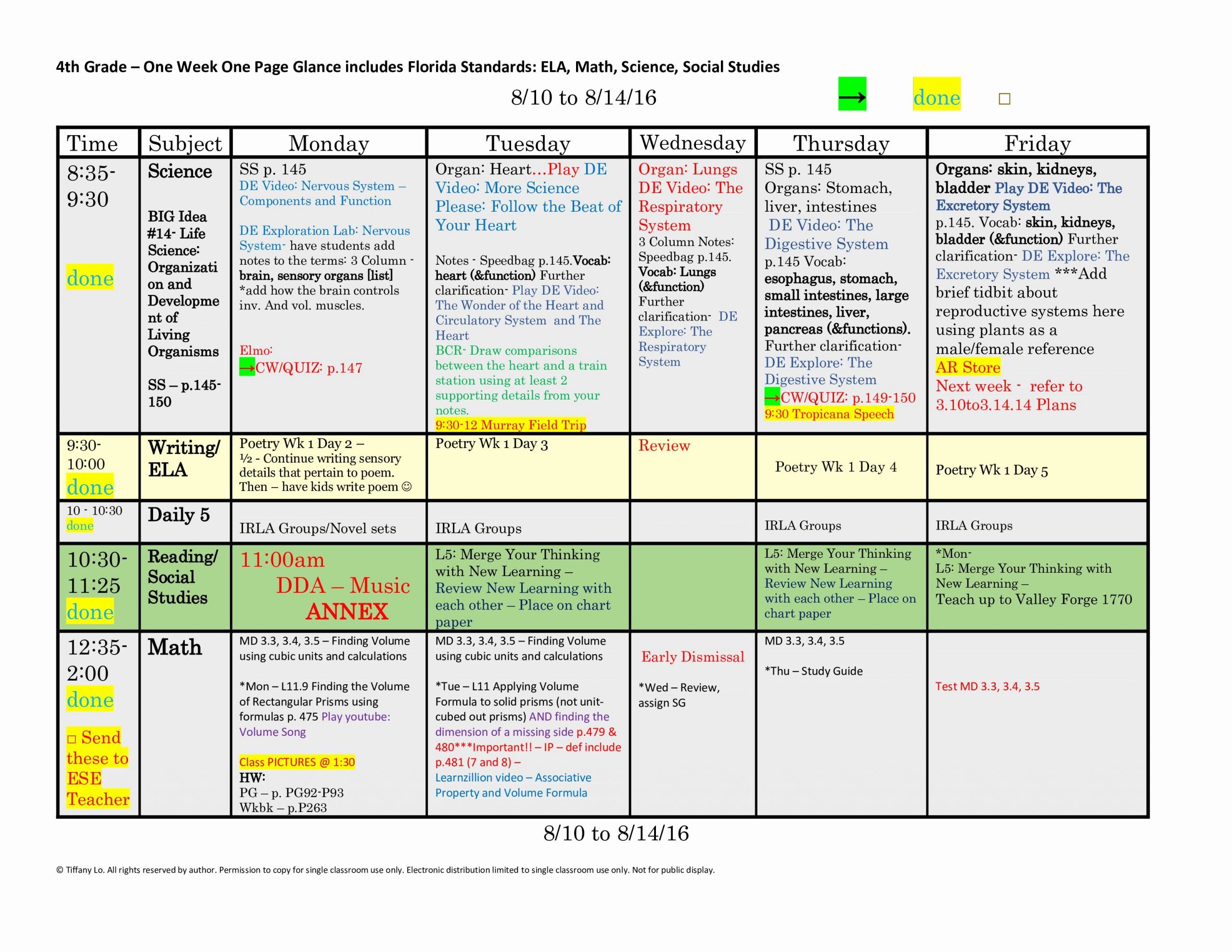 Week Lesson Plan Template Luxury 4th Fourth Grade Florida Standards Weekly Lesson Plan