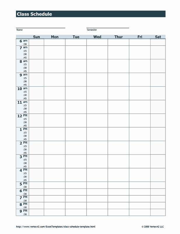 Weekly College Schedule Template Fresh Free Printable Class Schedule Pdf From Vertex42