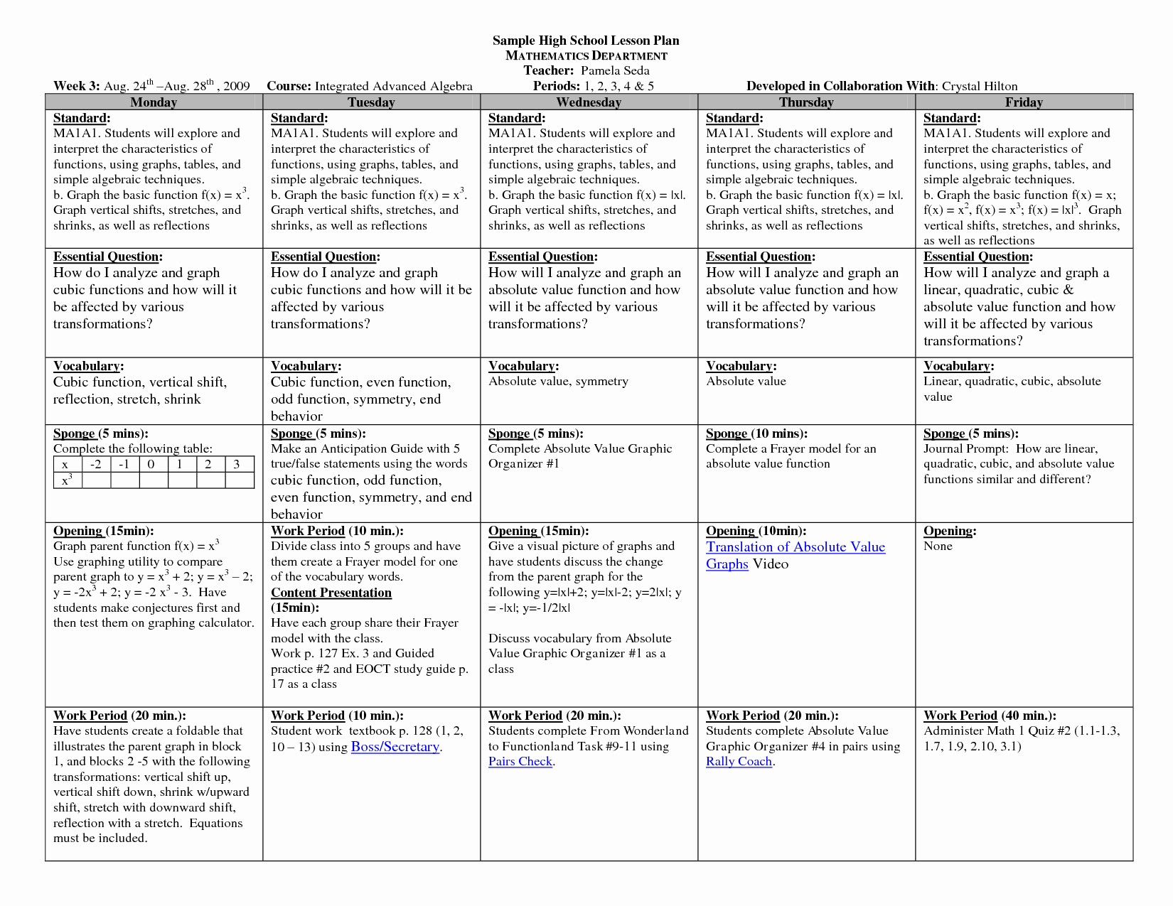 Weekly Lesson Plan Template Elementary Fresh High School Math Lesson Plan Template