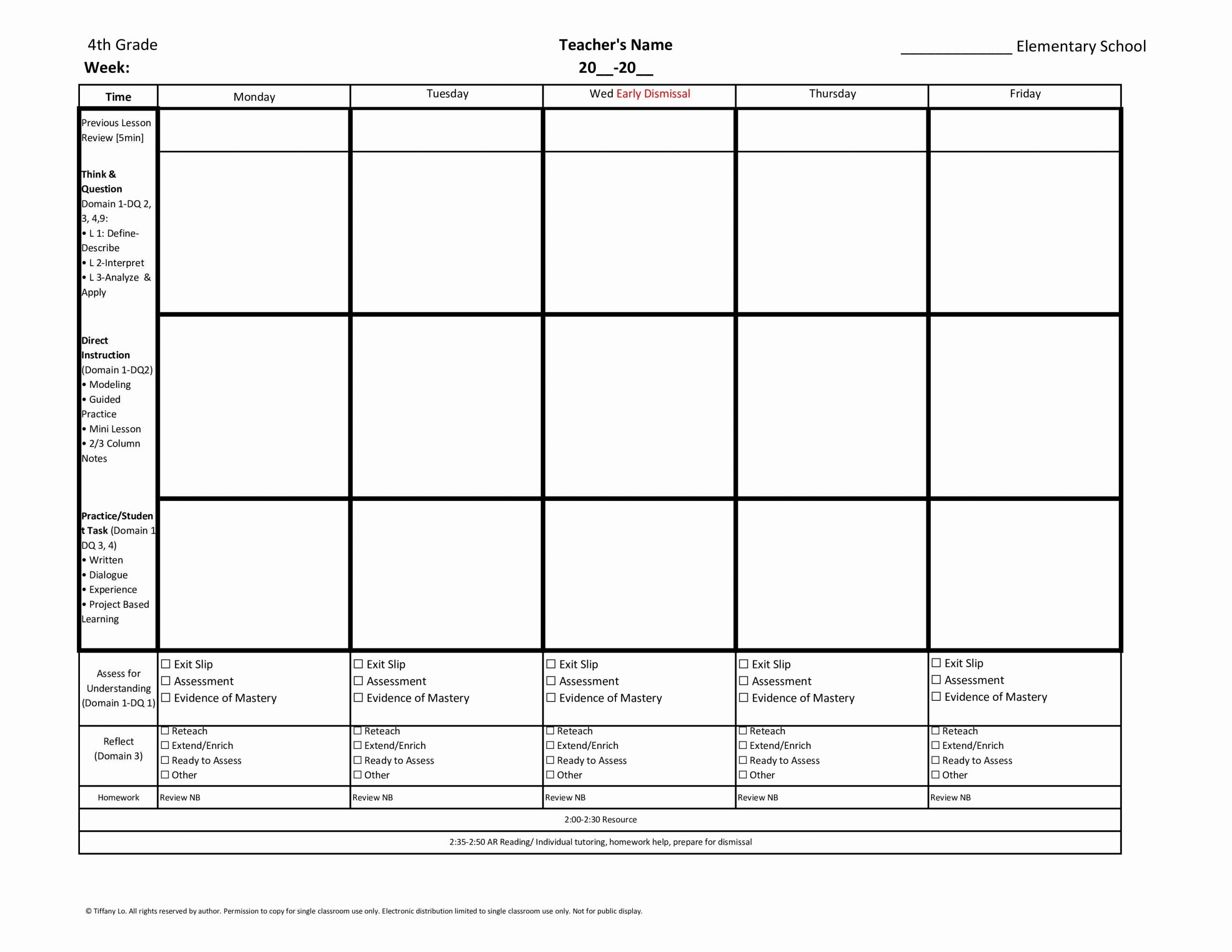 Weekly Lesson Plan Template Elementary Lovely 4th Fourth Grade Weekly Lesson Plan Template W Florida