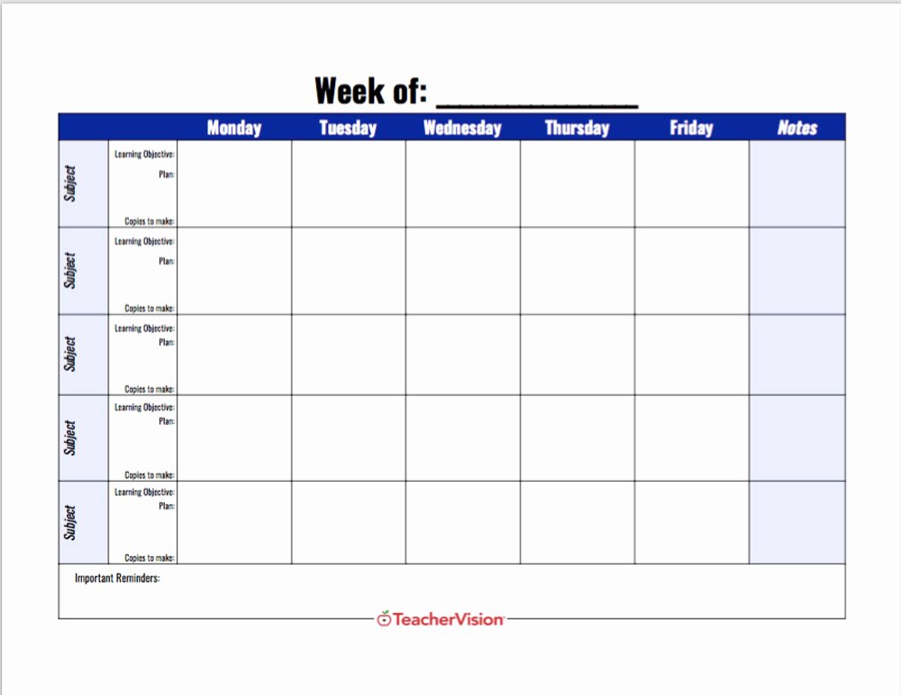 weekly lesson planning template