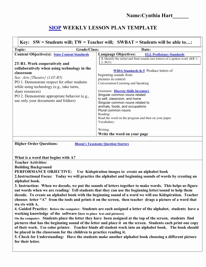 Wida Lesson Plan Template Unique Siop Lesson Plan Template