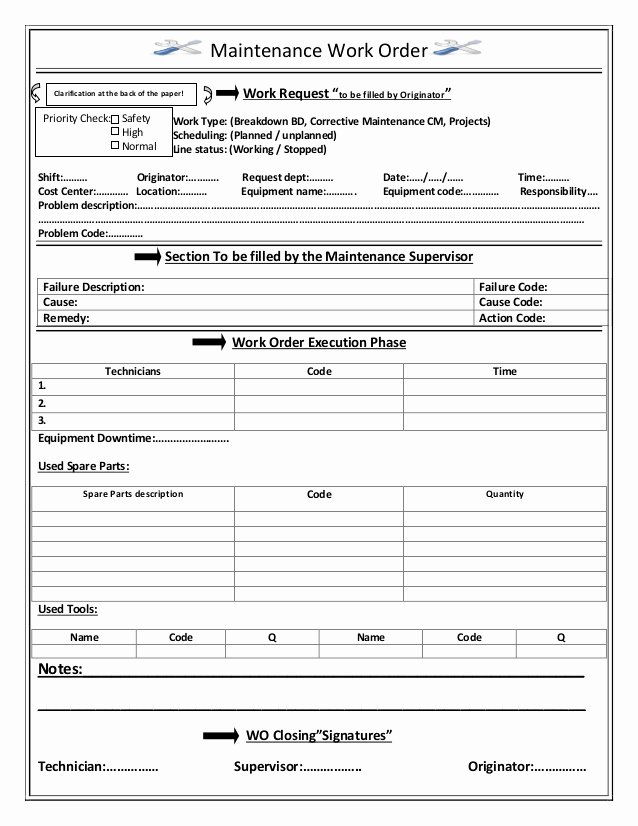 Work Request form Template Lovely Maintenance Work order Sheet