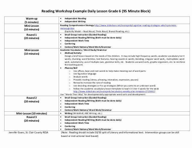 Workshop Lesson Plan Template Best Of Reading Workshop Example Daily Schedule Template Grade 6