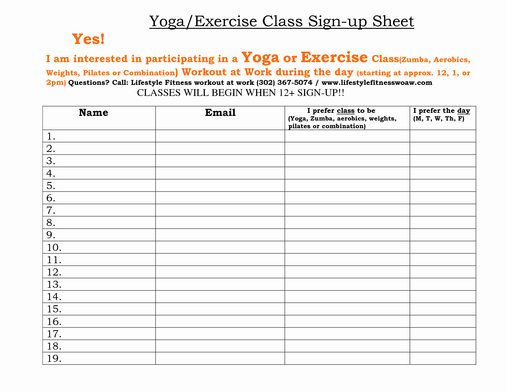 Yoga Class Plan Template Lovely Fitness Sign Up Sheet