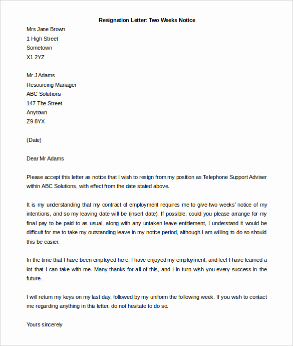 2 Week Notice Template Word Awesome 34 Two Weeks Notice Letter Templates Pdf Google Docs