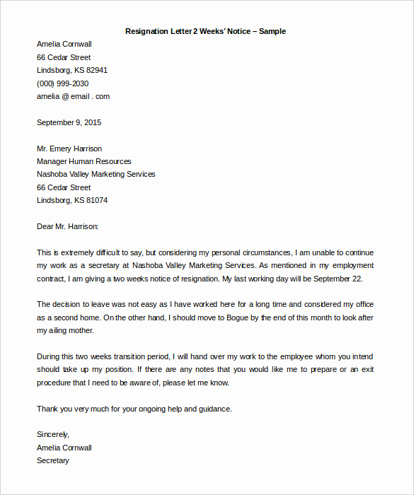 2 Week Notice Template Word Awesome Resignation Letter 2 Weeks Notice Sample Word Doc 585