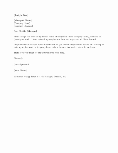 2 Week Notice Template Word Beautiful Download Standard Two 2 Weeks Notice Letter Template and