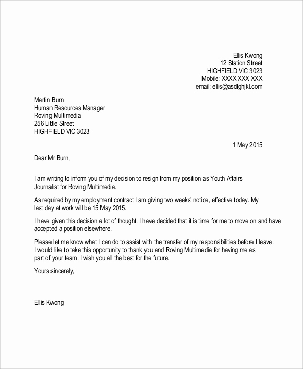 2 Week Notice Template Word Best Of Free 5 Sample Resignation Letter with 2 Week Notice