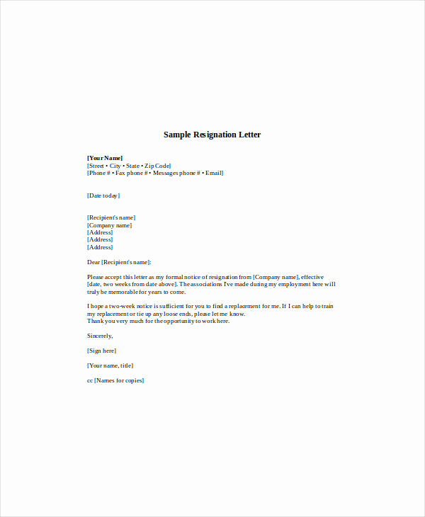 2 Week Notice Template Word New 12 Standard Resignation Letter Examples Pdf Word