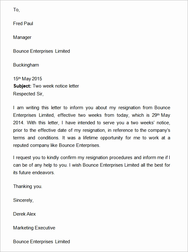 2 Week Notice Template Word New Two Weeks Notice Letter 12 Download Free Documents In Word