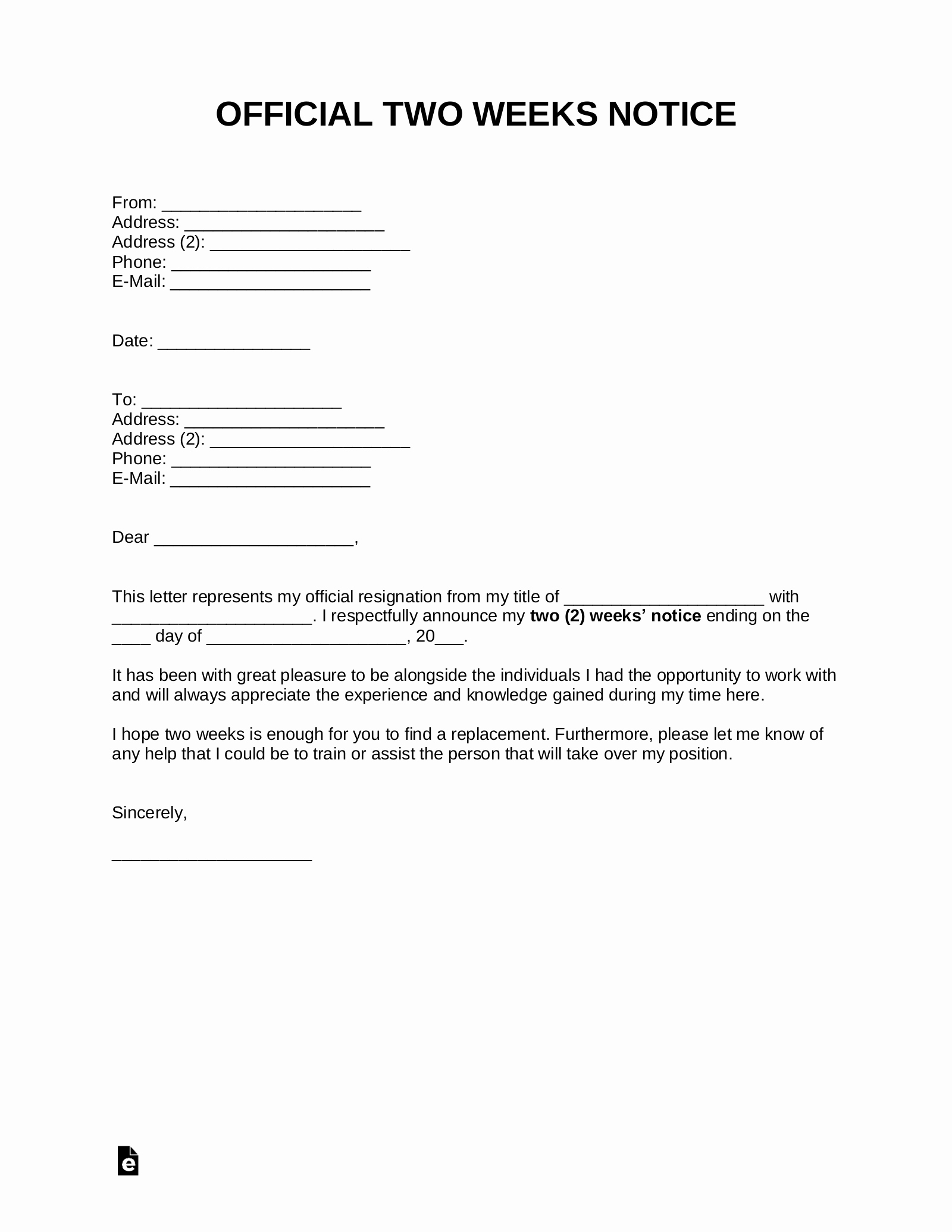 2 Week Notice Template Word Unique Free Two Weeks Notice Letter