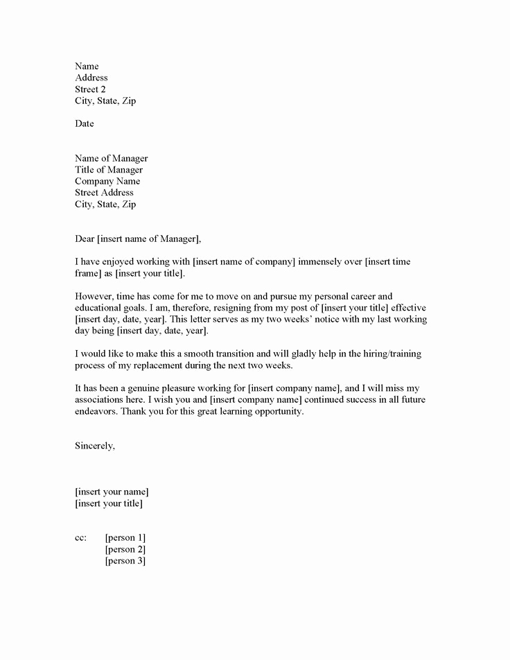 2 Weeks Notice Email Template Fresh Two Week Resignation Letter Samples
