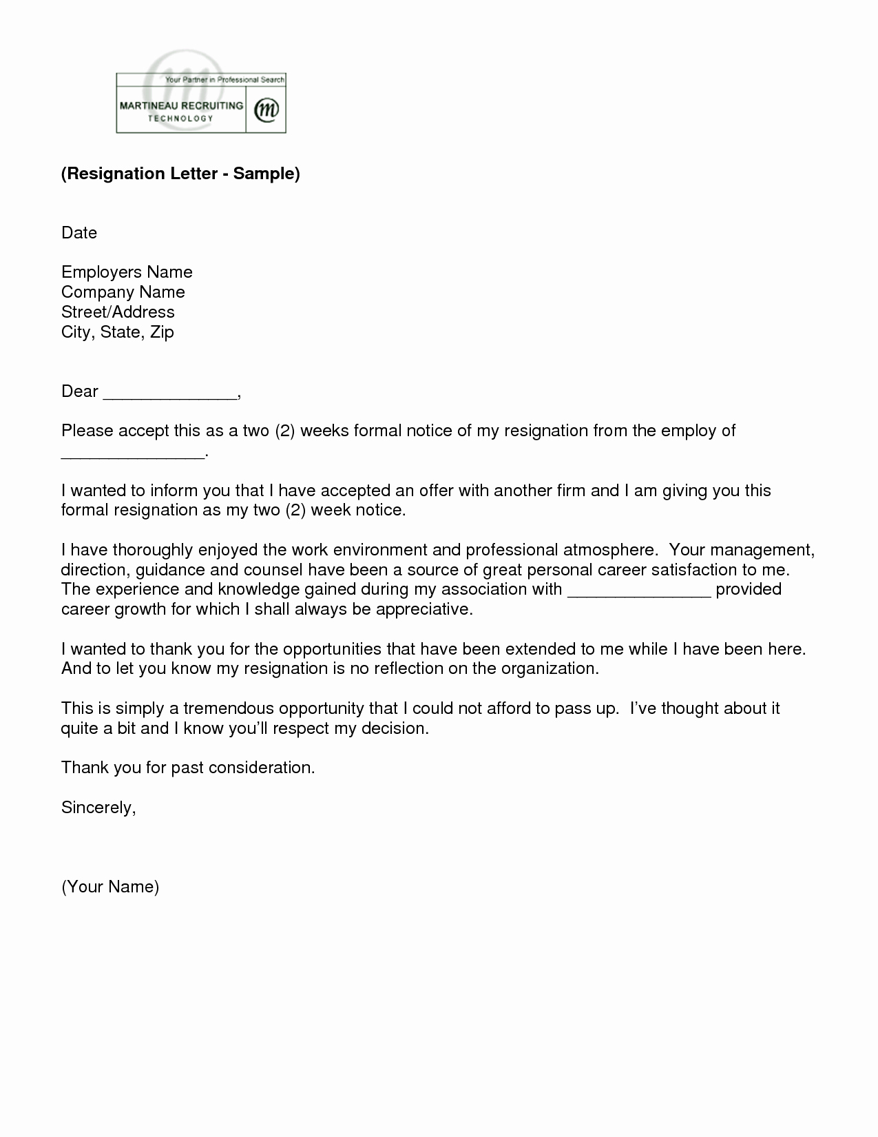 2 Weeks Notice Email Template Lovely Letter Of Resignation 2 Weeks Notice Template