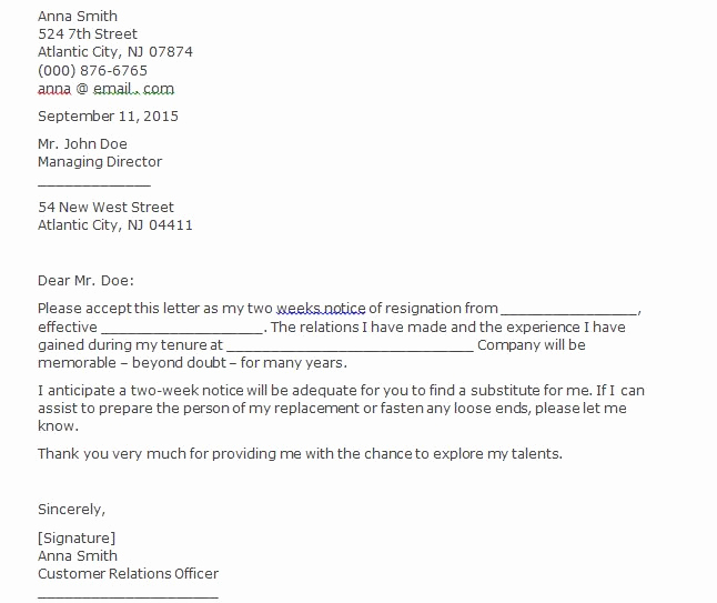 2 Weeks Notice Email Template Unique 40 Two Weeks Notice Letters &amp; Resignation Letter Templates