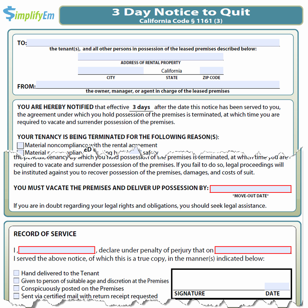 3 Day Notice Template New California Notice to Quit