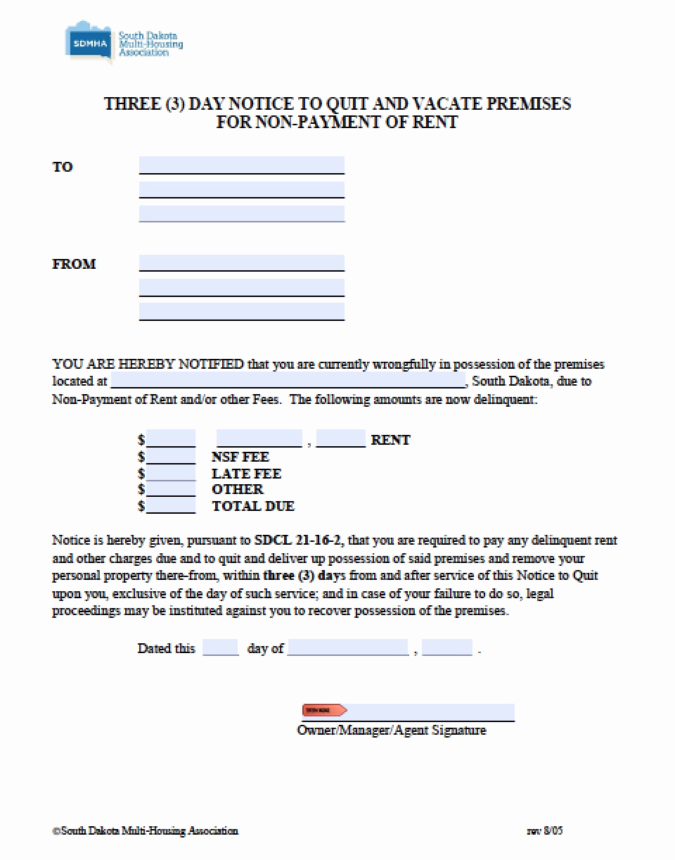 3 Day Notice Template Unique Free south Dakota Three 3 Day Notice to Quit