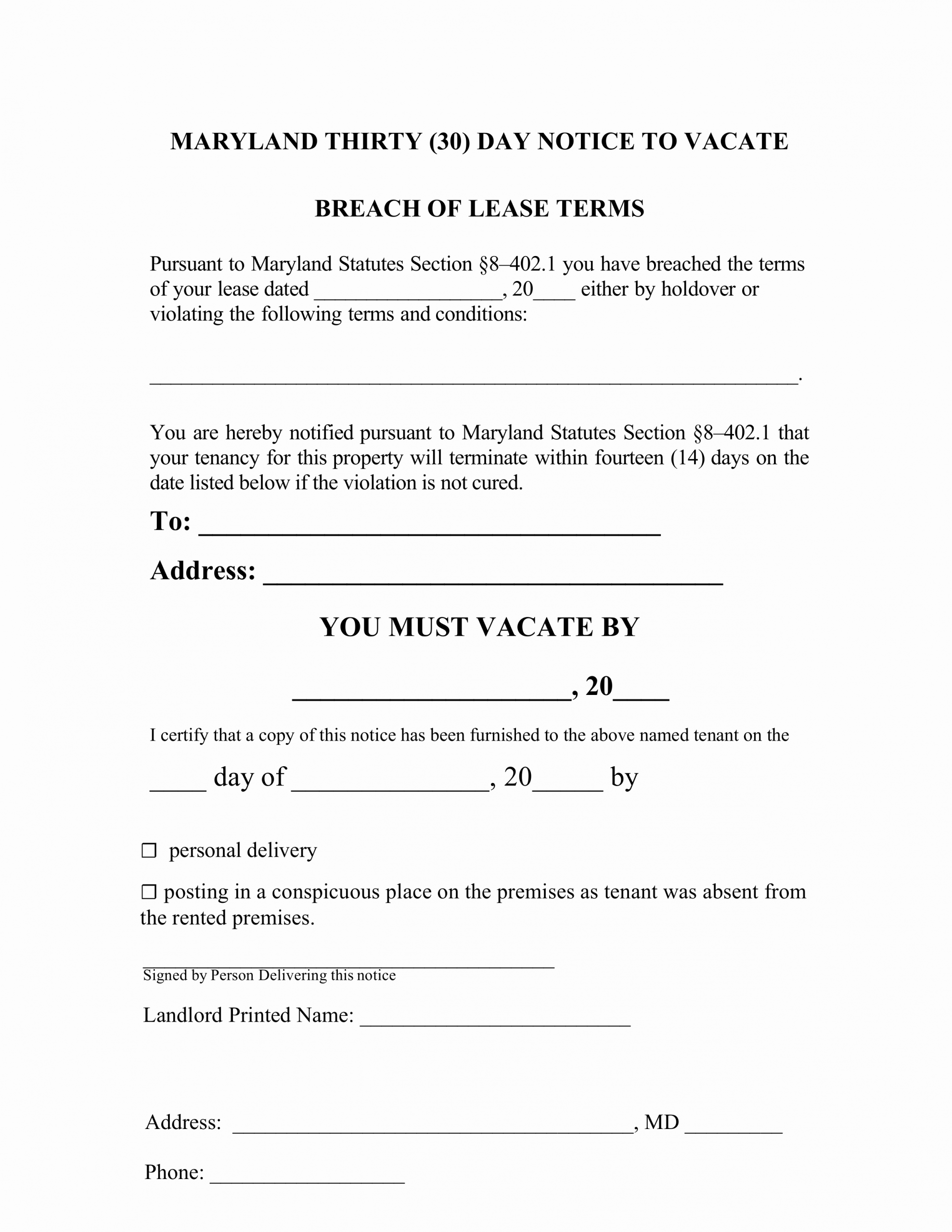 30 Day Notice California Template Awesome Maryland 30 Day Notice to Quit form