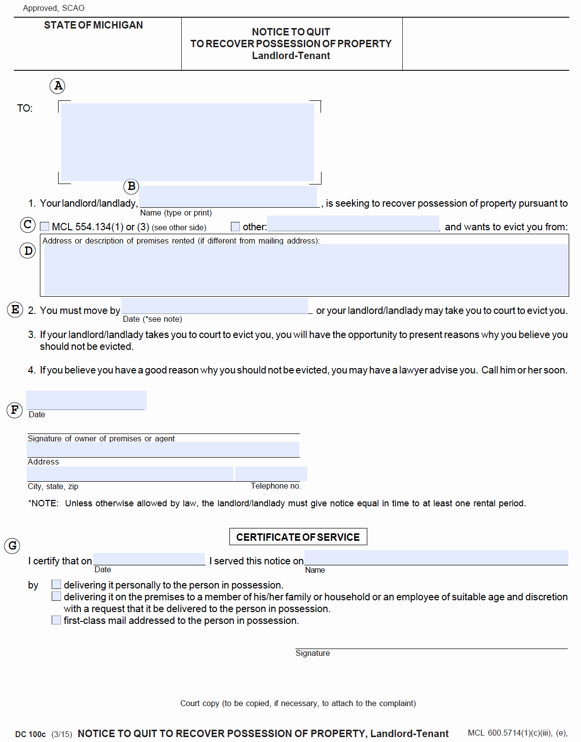 michigan 30 day notice to quit month to month tenancy