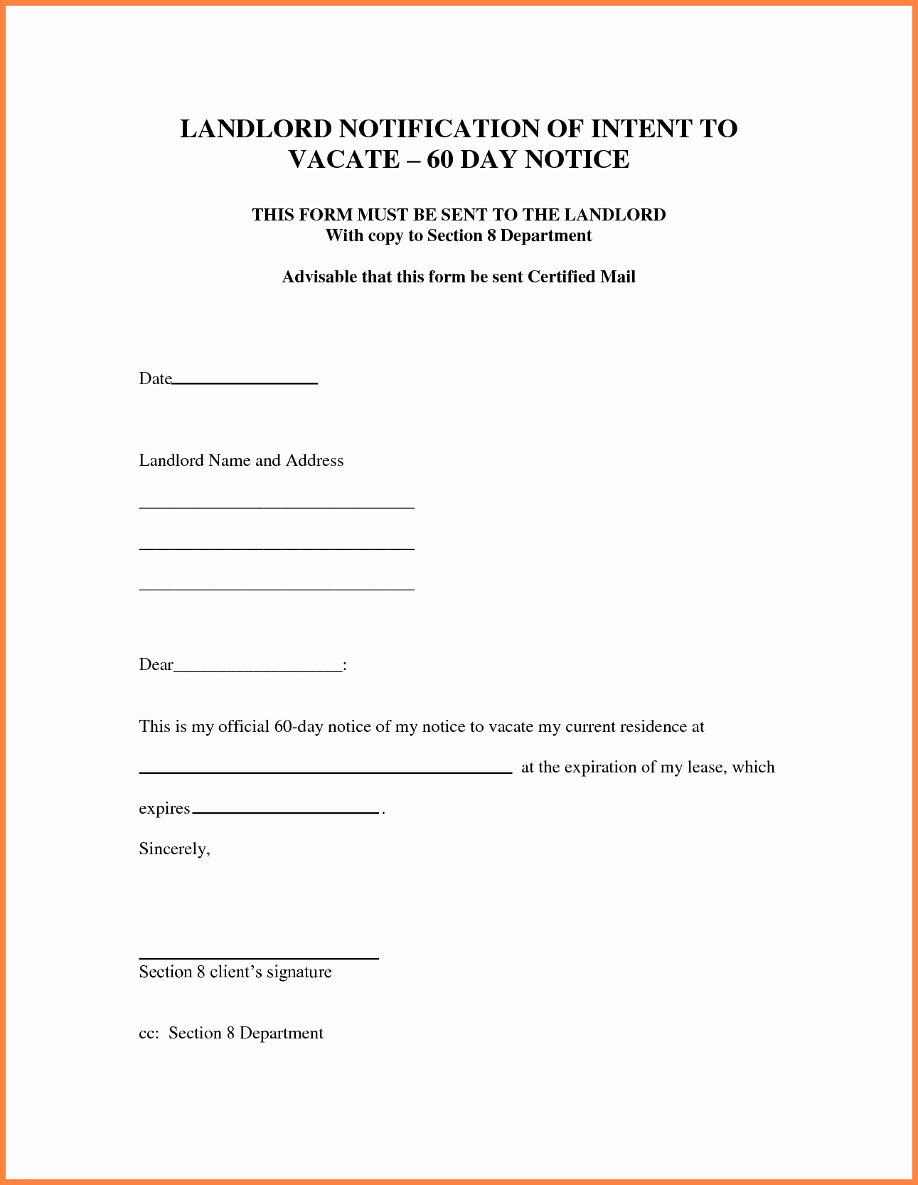 60 Day Eviction Notice Template Best Of 8 30 Day Notice Letter to Landlord Sample