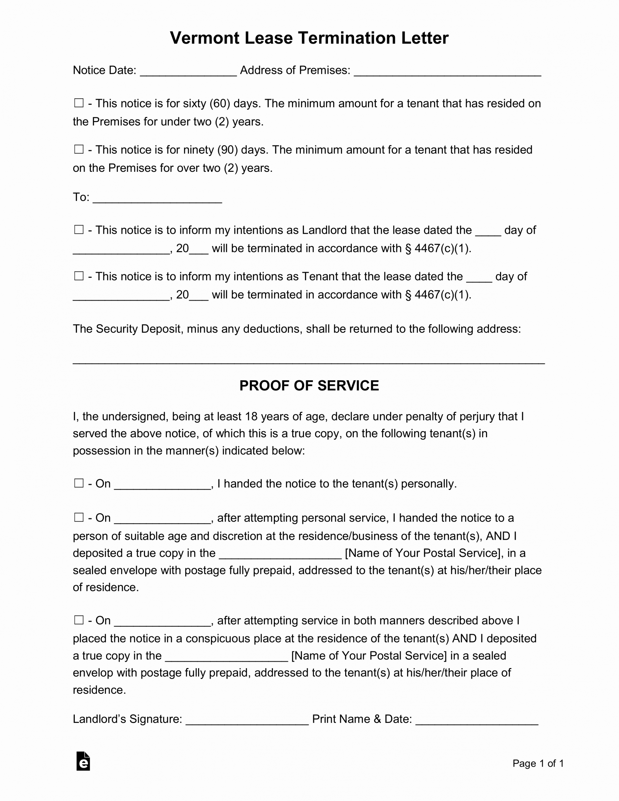 60 Day Eviction Notice Template Lovely Free Vermont Lease Termination Letter form