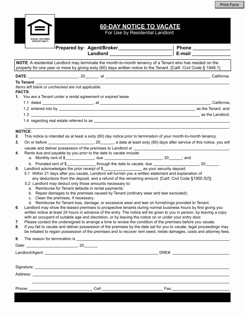 60 Day Eviction Notice Template Luxury California Lease Termination Letter form