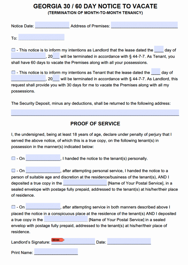 60 Day Eviction Notice Template Unique Free Georgia 30 60 Day Notice to Quit