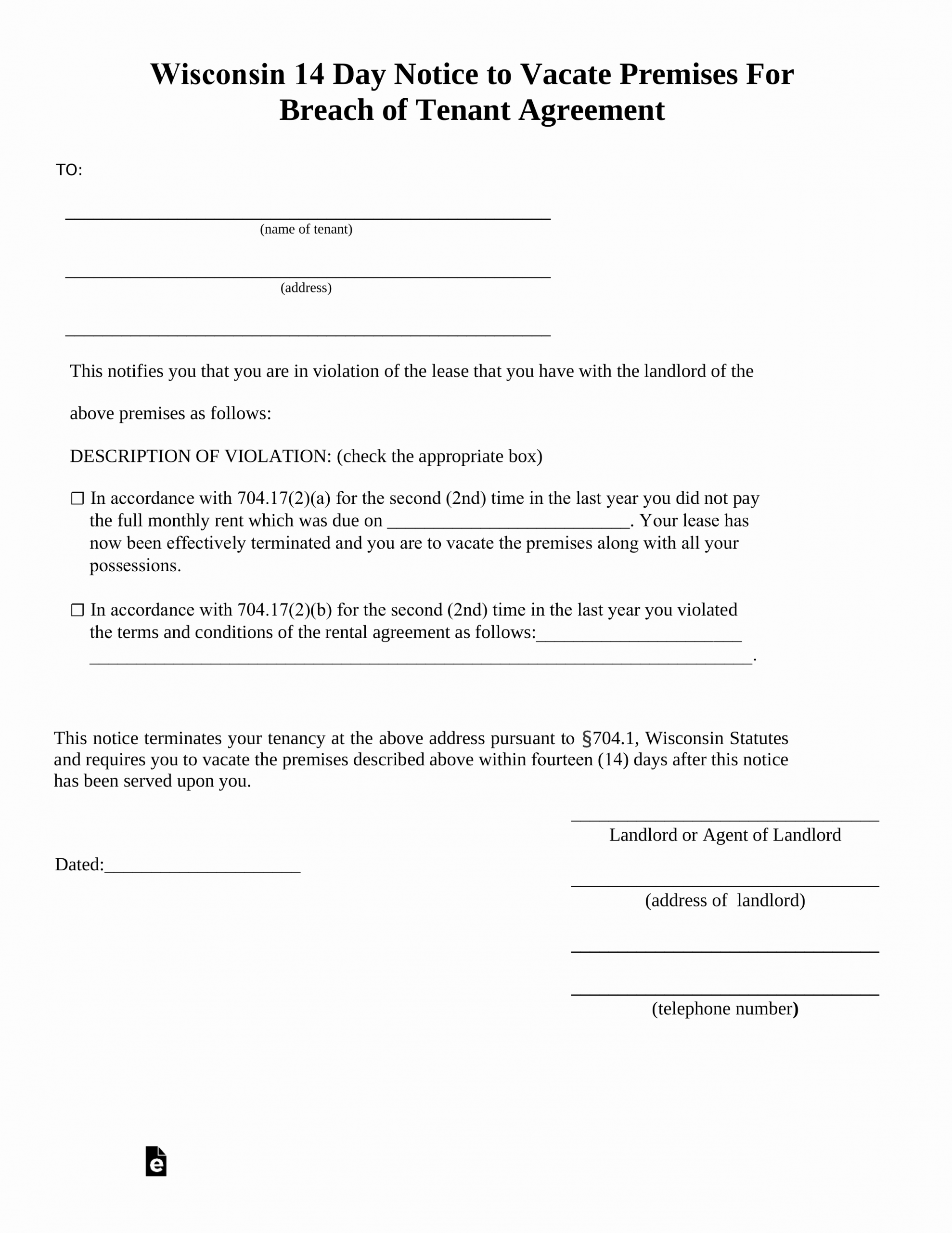 Alabama Eviction Notice Template Luxury Wisconsin 14 Day Notice to Quit form