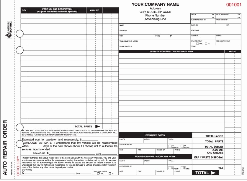 Appliance Repair Invoice Template Awesome 4 Part Auto Repair order forms with Carbon Valid In