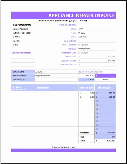 Appliance Repair Invoice Template Beautiful Appliance Repair Invoice for Ms Excel