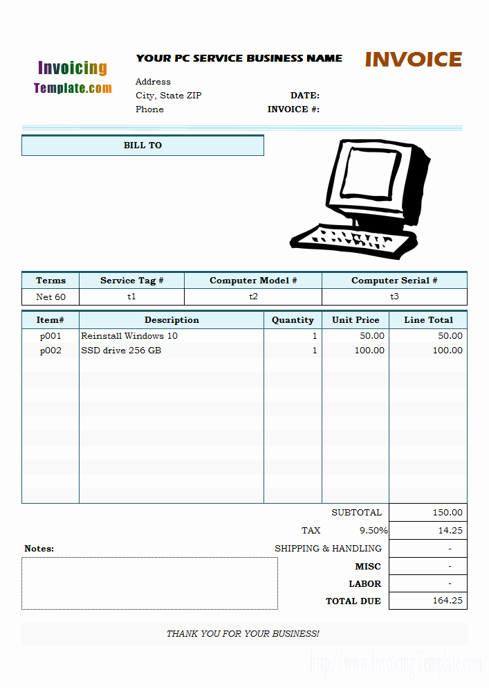 Appliance Repair Invoice Template Unique Bill format for Puter Repair Service