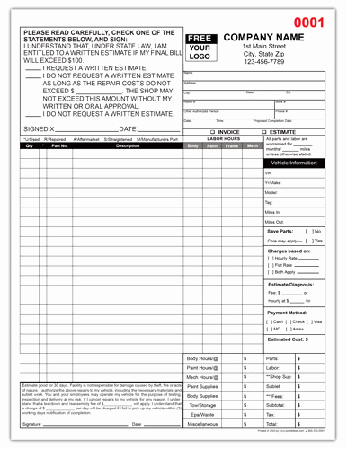 Auto Body Shop Invoice Template Fresh Auto Collision Repair form Printit4less