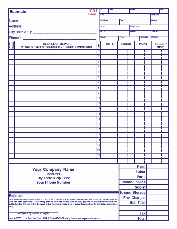 Auto Body Shop Invoice Template Fresh Body Shop Estimate form Template