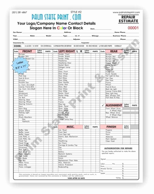 Auto Body Shop Invoice Template Luxury 1000 3part Auto Collision Body Shop Repair Estimate