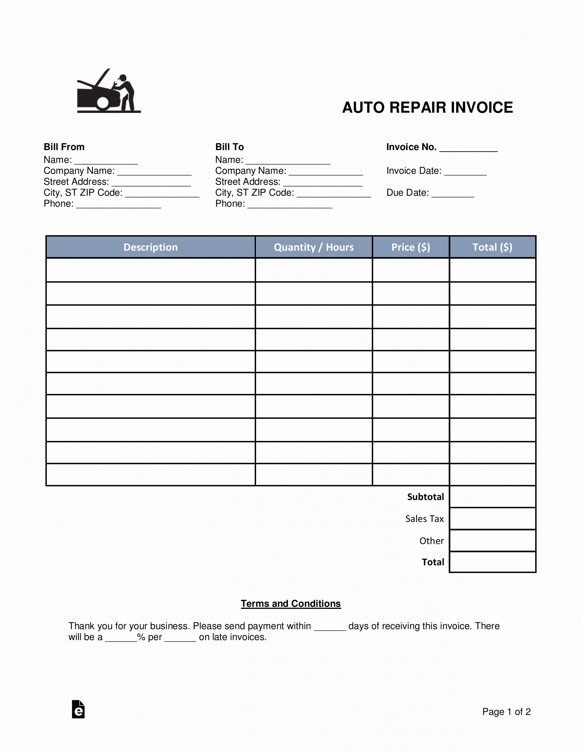 Auto Body Shop Invoice Template Luxury Free Auto Body Mechanic Invoice Template Word