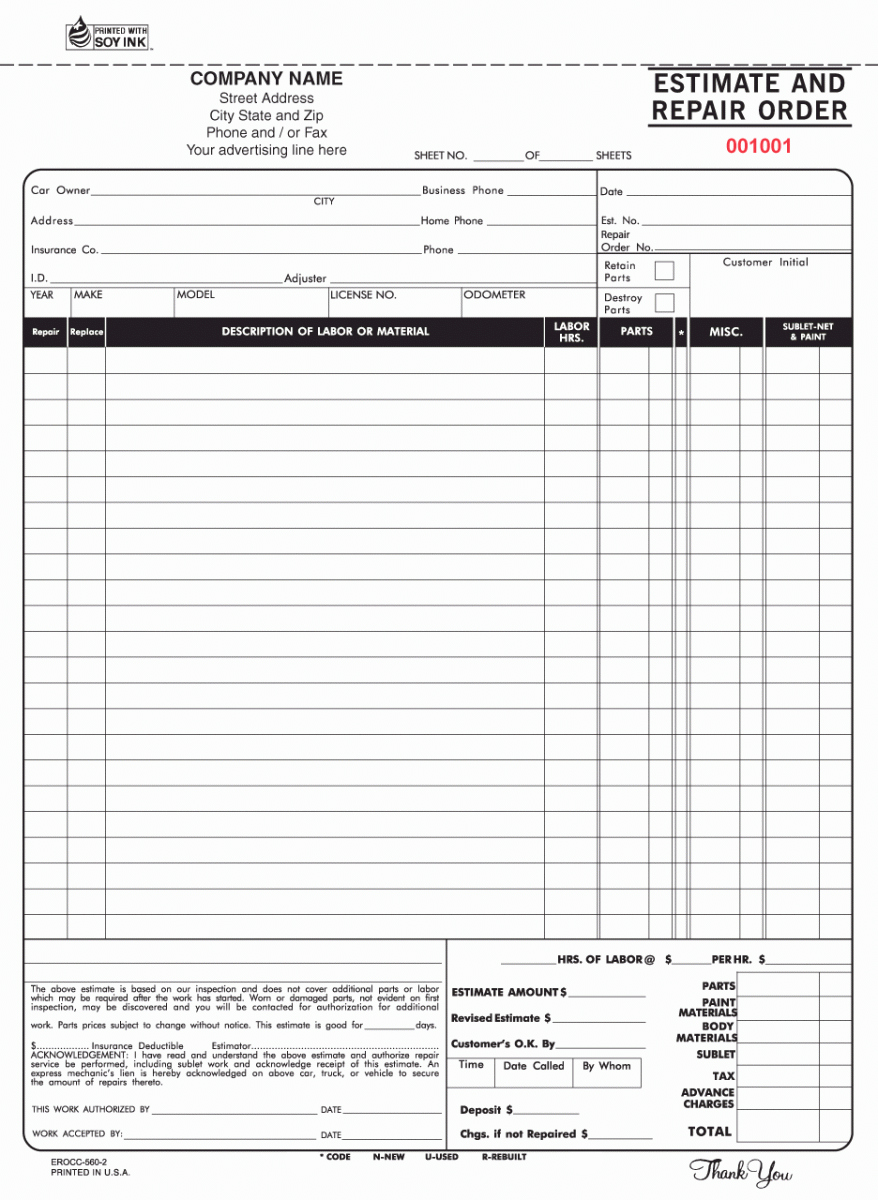 Auto Body Shop Invoice Template Unique 2 Part Estimate and Repair order Carbonless