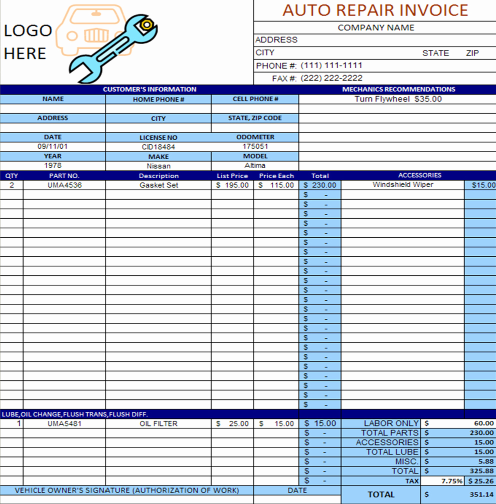 Auto Repair Invoice Template Free Best Of Download Files September 2011