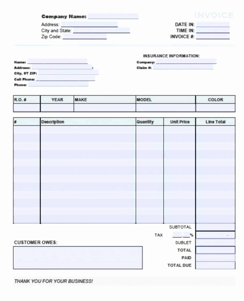 Auto Repair Invoice Template Free New Auto Restoration Spreadsheet Printable Spreadshee Auto