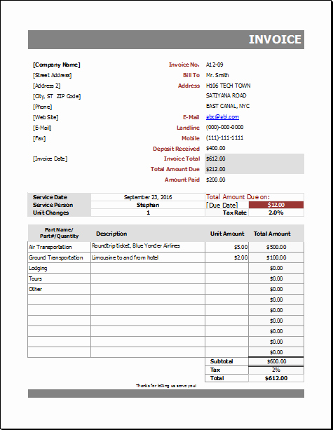 Automotive Repair Invoice Template Elegant Auto Repair Billing Invoice for Excel