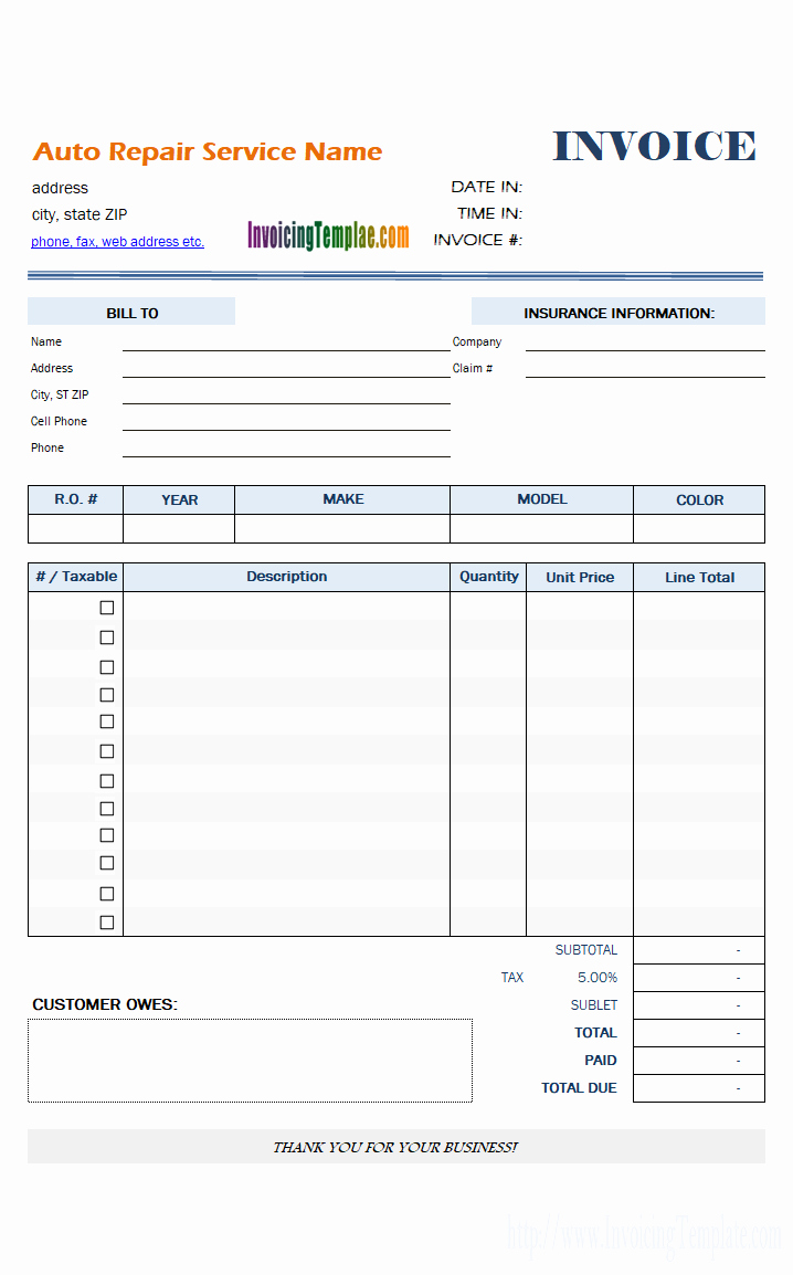 Automotive Repair Invoice Template Fresh Auto Repair Invoice Template