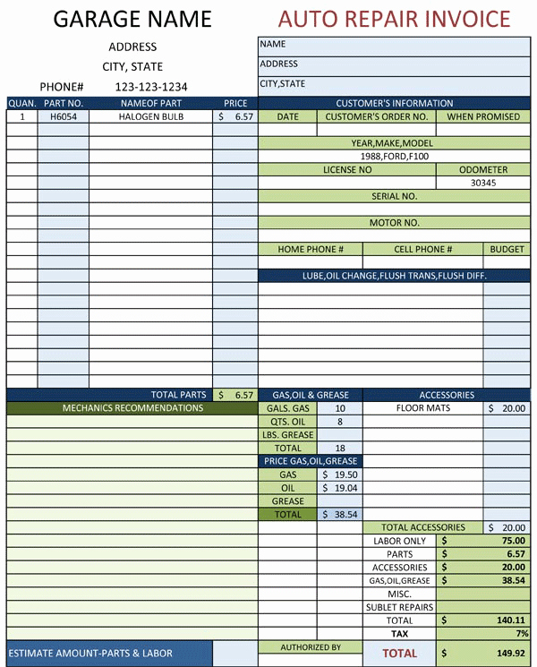 Automotive Repair Invoice Template Lovely Auto Repair Invoice Template