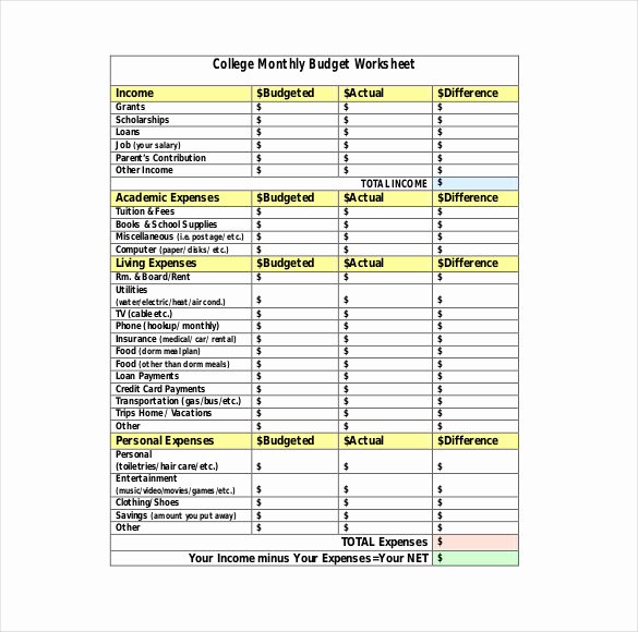 Budget Template for College Students Elegant 12 College Bud Templates Free Sample Example