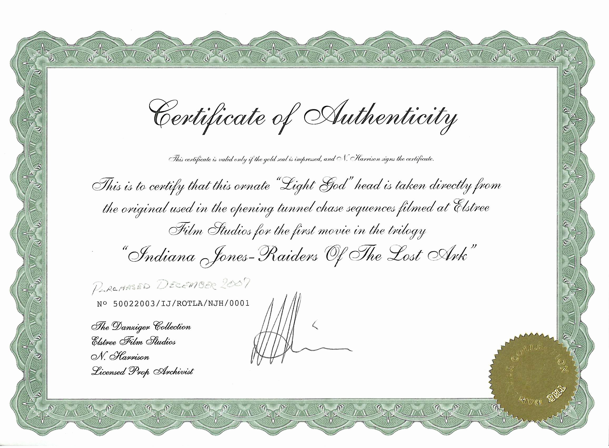 Certificate Of Authenticity Photography Template Fresh Elstree Props Fertility Idols Light Gods Danziger