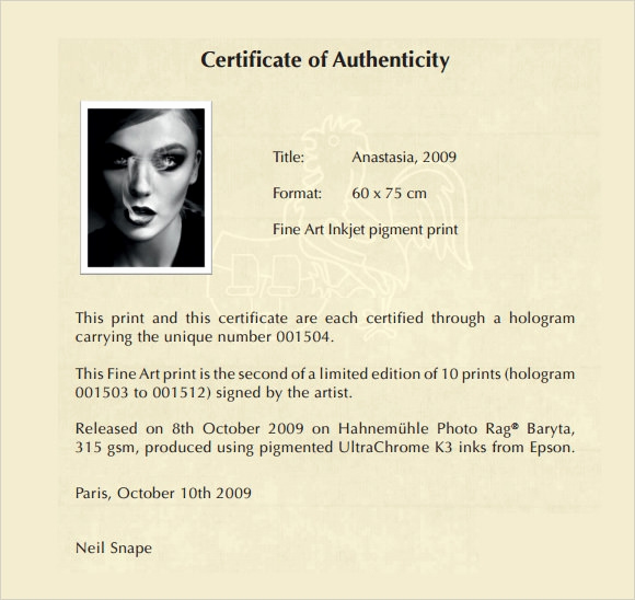 Certificate Of Authenticity Photography Template Inspirational Free 45 Sample Certificate Of Authenticity Templates In