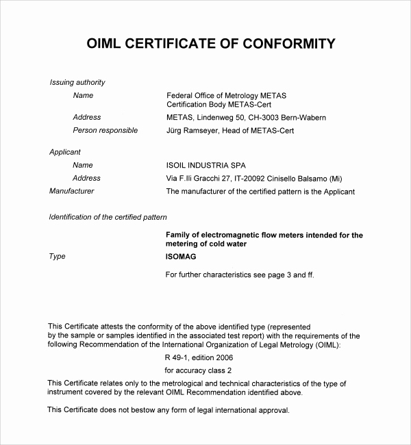 conformity certificate template