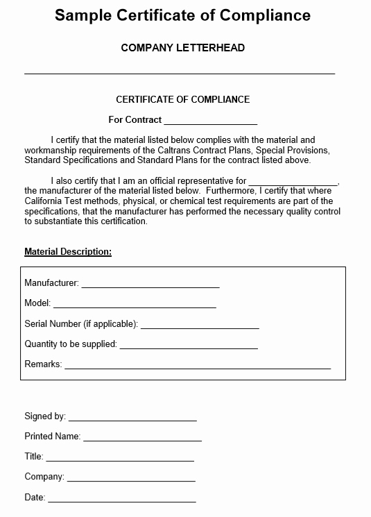 Certificate Of Compliance Template Unique 8 Free Sample Professional Pliance Certificate