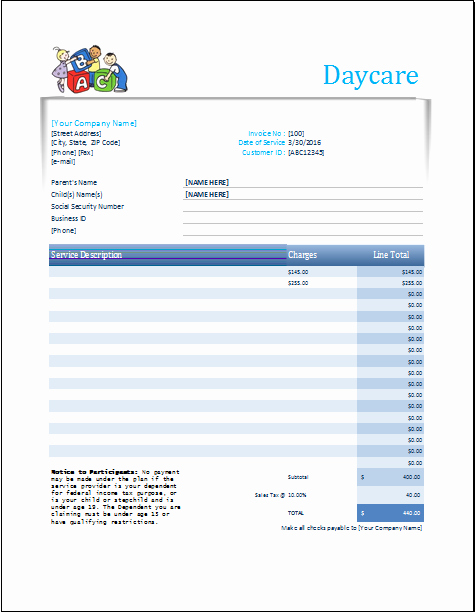 Child Care Invoice Template Elegant Daycare Receipt Excel Template