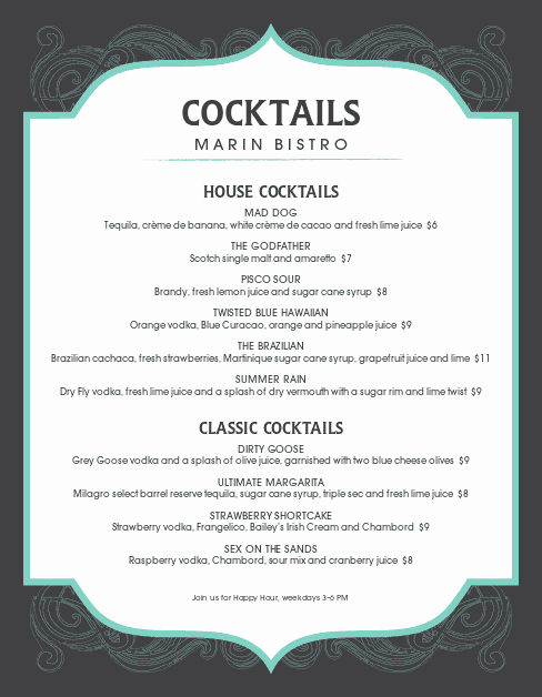 Cocktail Menu Template Free Unique Frozen Cocktail Menu