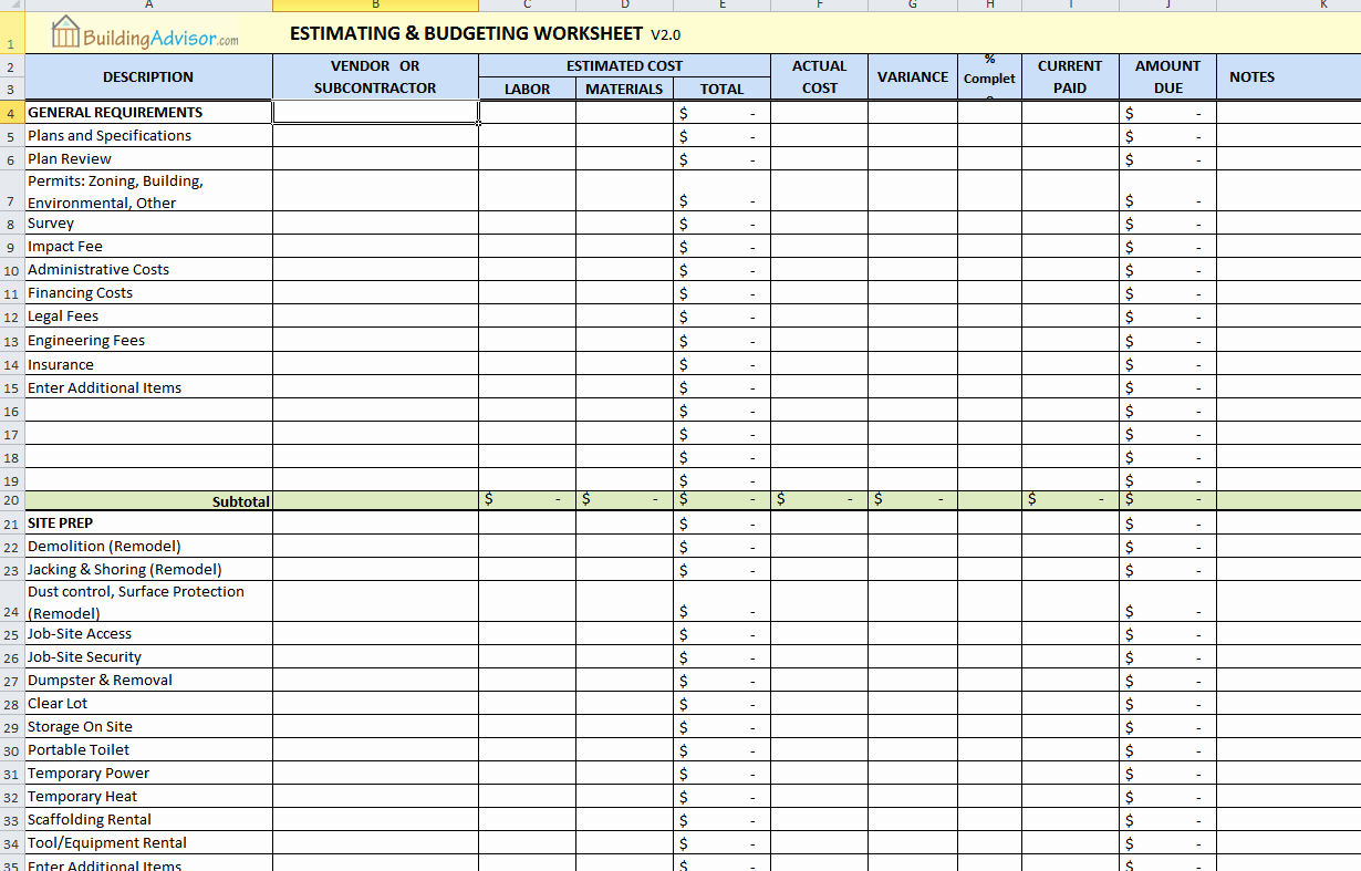 Commercial Construction Budget Template Lovely Sample Construction Estimate Spreadsheet Regarding